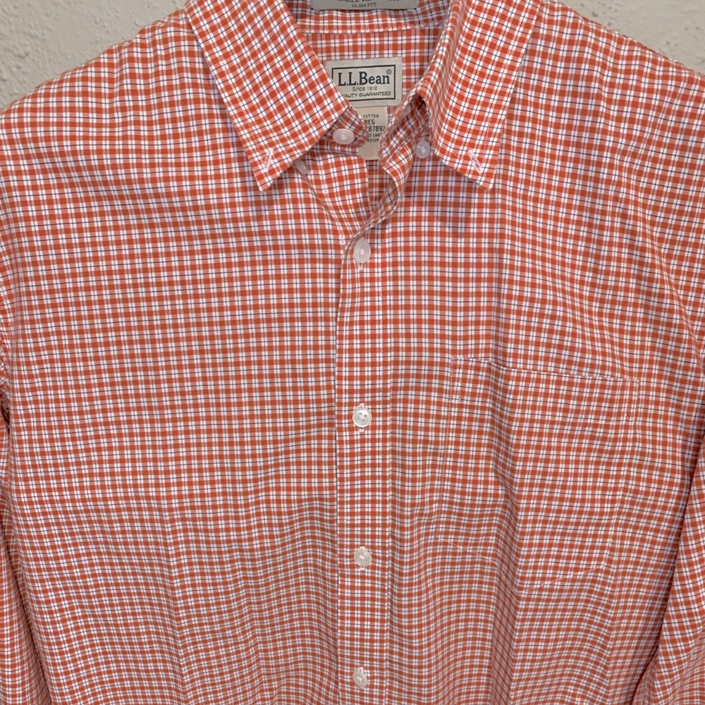 LL Bean Large Button Down Orange Gingham Checked Long sleeve size Large